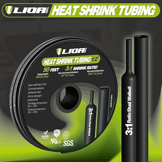 Marine Grade Heat Shrink Tubing – 3:1 Ratio Adhesive Lined Electrical Shrink Wrap, 1/2 inch Black,Insulation Sealing Oil-Proof Wear-Resistant,50 Feet Roll for Industrial Use
