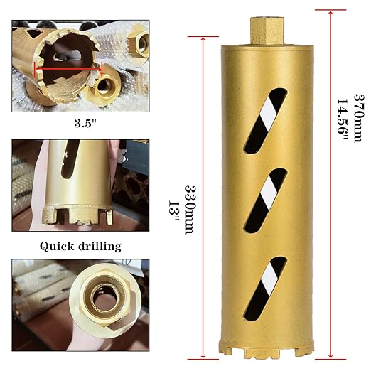 3.5" Dry Core Drill Bits for Cured Concrete with Rebar Brick Blonck Masonry etc 12.2in/310mm Drilling Depth，10mm Diamond Segment Height，2 Adapters