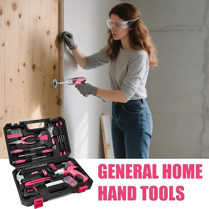 Pink Household Tool Set with 3.6V USB Electric Screwdriver, 151 PCS Home Tool Kit with Cordless Lithium-ion Drill Driver, Hand Tool Kits for Women