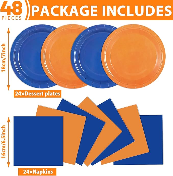 48Pcs Orange and Blue Paper Plates and Napkins Blue and Orange Party - Image 2
