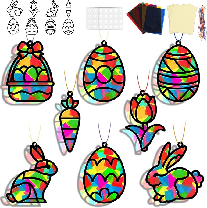 32 Sets Easter Suncatchers Craft Kit DIY Egg Basket Window Stained Glass Effect by Lonfliness