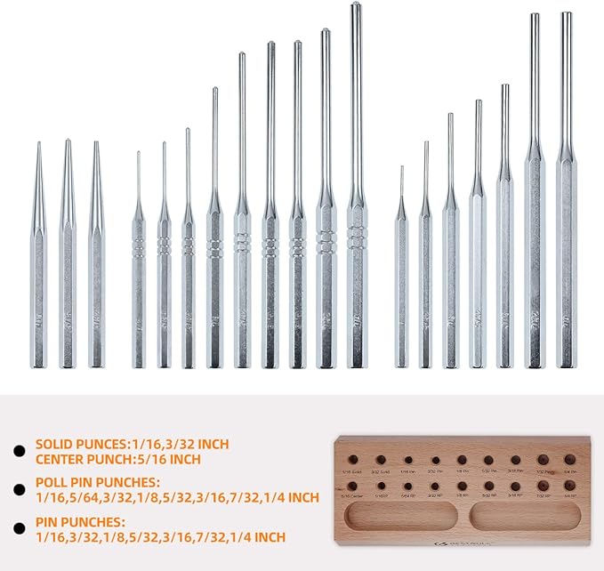 BESTNULE Punch Set, Roll Pin Punch Set, Punch Tools, Made of Solid Material Including Steel Center Punch and Nail Punch with Beech Block, Ideal for Machinery Maintenance
