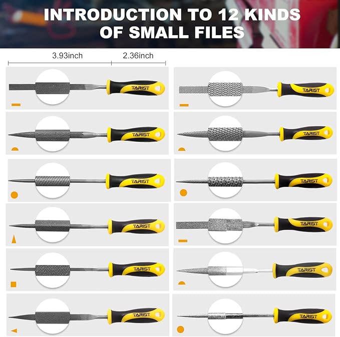 19PCS Metal & Rasp File Set with Tool Bag, Includes Flat/Half-Round/Round/Triangle steel file, Half-Round wood file, 4 Way File and 12pcs Needle Files, Work for Metal, Wood and more