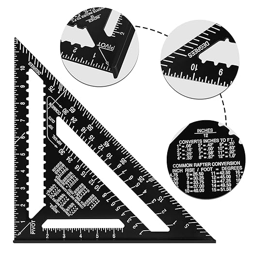 Beslands Aluminum 12-inch Rafter Square Carpenter Measuring Layout Tool Alloy Metal Triangle Ruler Imperial Protractor for Woodworking and Carpentry