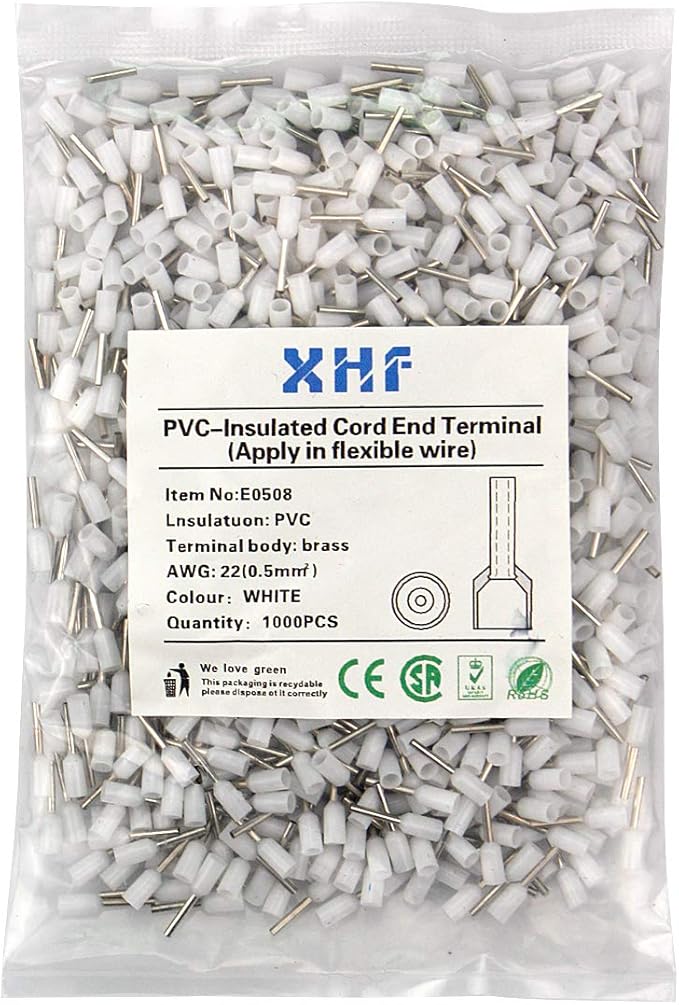 XHF 1000 PCS AWG 22/0.5mm² Wire Ferrules Insulated Copper Crimp Connectors, Crimp Pin Cord End Terminals White