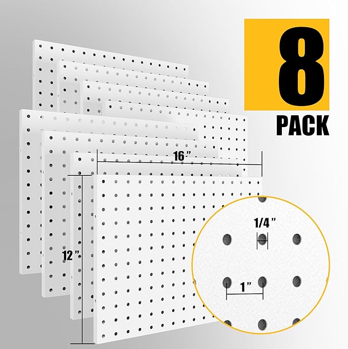Peg Board, 8 Pack Metal Pegboard Panels White Pegboards Wall Organizer with Bent Frame Heavy Duty Peg Board for Walls Home, Garage Tool Storage, Office Organization, Craft Room, Kitchen