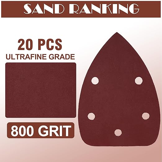 800 Grit Mouse Sander Sandpaper, Jamiikury 5 Hole Detail Sander Sandpaper Palm Sander Paper Mouse Sanding Pads Hook and Loop Sanding Sheets - Pack of 20