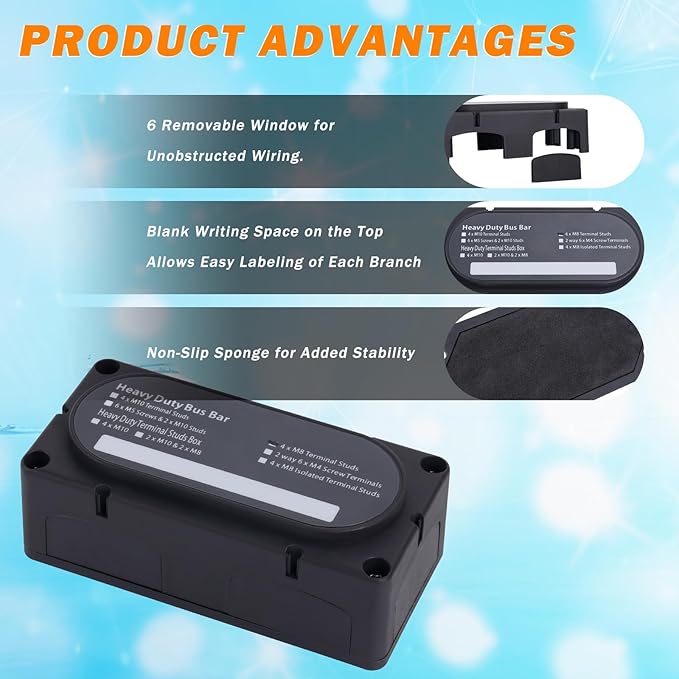300A Heavy Duty Module Bus BAR 12V 24V 48V DC Power Distribution Block with 4 x 5/16" (M8) Studs, Gift 12pcs Cable Lugs and 20pcs Heat Shrink Tubing - Marine Bus Bar (Black-)