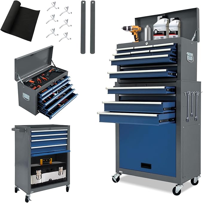 Kirmoasl 13-Drawer Rolling Tool Chest,Large Tool Chest with Wheels,2 in 1 Detachable Tool Chests,Portable Tool Storage,Locking Mechanic Tool Box for Warehouse,Garage (Gray&Blue)