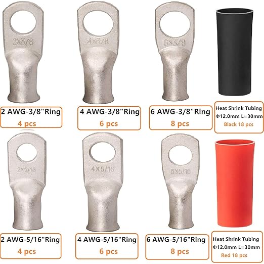 Tinned Copper Lugs 2 4 6 Gauge Battery Cable Ends Kit 72pcs,2 AWG 4 AWG 6 AWG Cable Lugs with 5/16" and 3/8"Ring Terminal Marine Grade Battery Terminal Connectors Crimp Wire lugs with Heat Shrink Tube