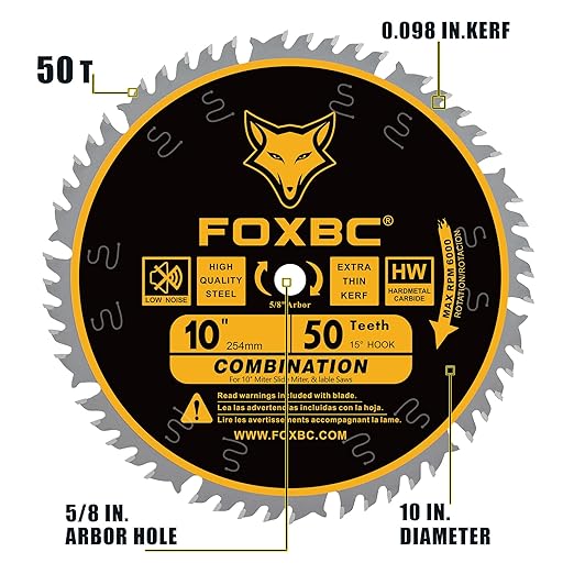 FOXBC 10 Inch Combination Saw Blade, 50-Tooth, Wood Cutting, 5/8-Inch Arbor