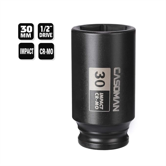 CASOMAN 1/2" Drive x 30 mm Deep 6 PT Impact Socket, CR-MO, 1/2-inch Drive 6 Point Axle Nut Socket for Easy Removal of Axle Shaft Nuts (30MM)