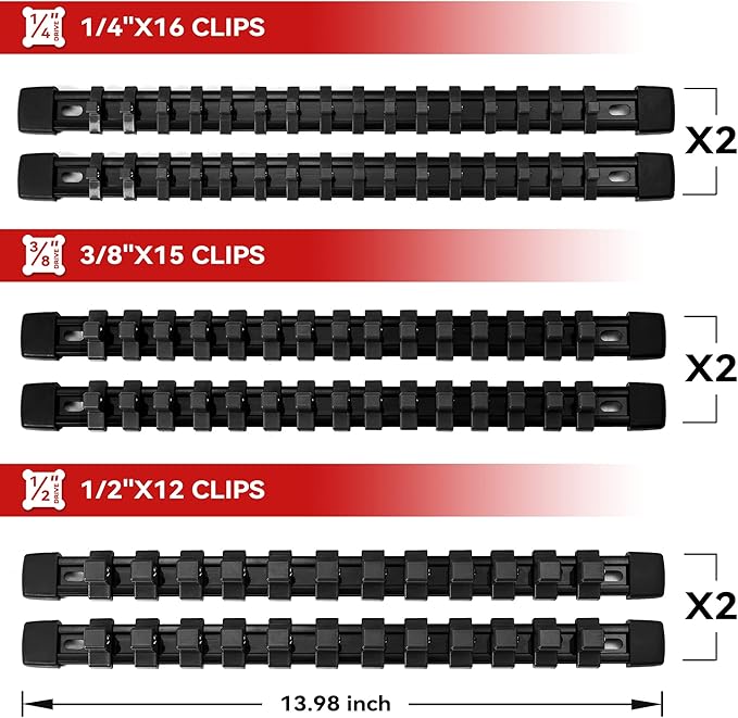 ALOANES 12 PC ABS Socket Organizer,1/2 inch, 3/8 inch, and 1/4 inch Drive Socket Rail Holders, Heavy Duty Socket Racks, Black Rails with Black Clips