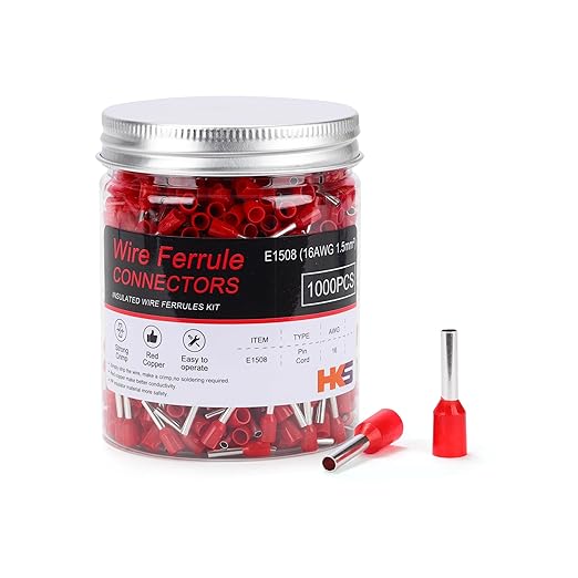 HKS 1000PCS Wire Ferrule Connectors - AWG 16-1.5mm² Copper Barrel Pin Cord Ends Insulated Ferrules Terminals E1508 Red