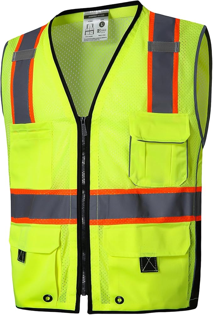 SKSAFETY 10 Pockets Professional Safety Vest, Class 2 High Visibility, ANSI/ISEA Standard, Construction Work Vest (Lime, 4XL)