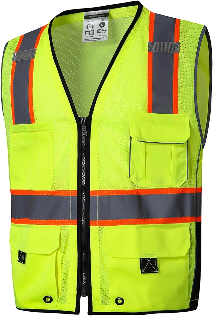 SKSAFETY 10 Pockets Professional Safety Vest - Class 2 High Visibility Vest, Hi Vis with Reflective Strips - ANSI/ISEA Standard, Construction Work Vest (Lime, 2XL)
