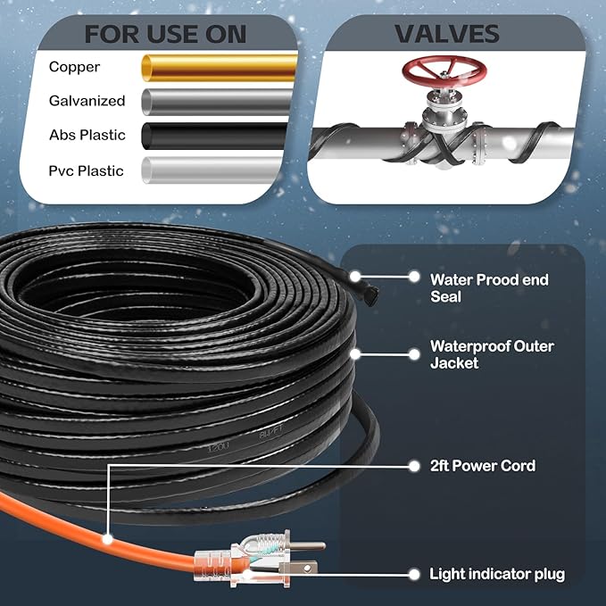 6FT（3FT-200FT） Pipe Heating Cable for Pipe Freeze Protection, Heat Cable for Water Pipes(Metal and Plastic), Pipe Heat Tape Keeps Water Flowing at -40°F 5w/ft, 120V