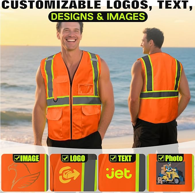 Safety Vest Customize Logo with 5 Pockets & Zipper Reflective High Visibility Vest Class 2 Outdoor Workwear