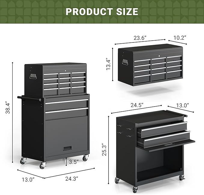 Tool Chest, 8-Drawer Rolling Tool Storage Cabinet with Enhanced Packaging, Detachable Top Tool Box, Metal Tool Cart with Hooks and Liners, for Garage, Workshop, Black