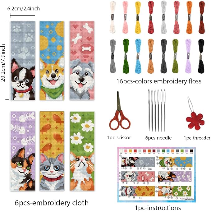 INFUNLY 6PCS Dogs Cats Cross Stitch Bookmark Kit - Image 2