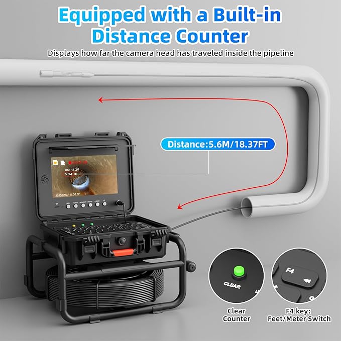Sanyipace Sewer Camera Self-Leveling 100FT/30M, Drain Camera with 512Hz Transmitter, Meter Counter, Pipe Inspection Cámara with Microphone Speaker DVR Recorder, 32GB TF Card, Guide Wheel (7mm Cable)