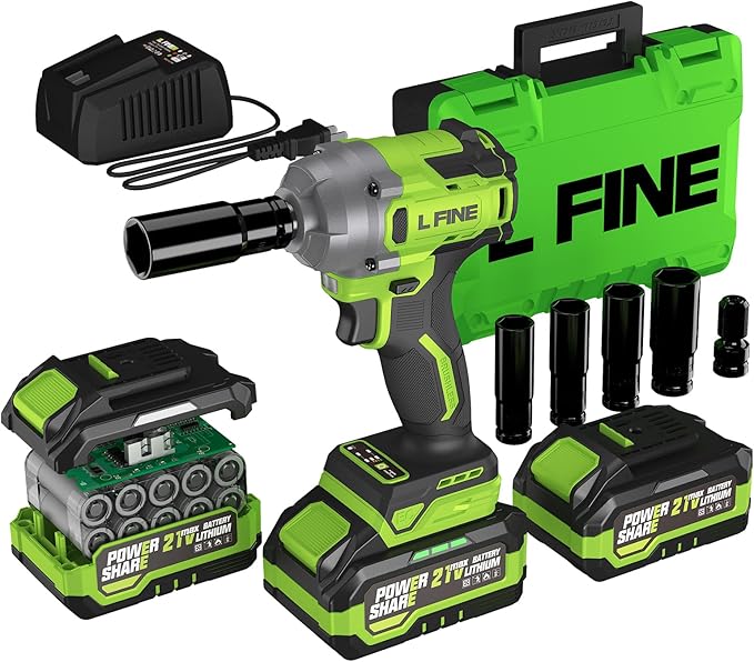 L FINE Cordless Impact Wrench 1/2 inch, 600N.m (405Ft-lbs) Power Impact Drill Kit Tools, 3200RPM High Torque Brushless Motor Impact Driver, 2 x 4.0Ah Battery, 5 Sockets, Charger, Electric Impact Gun