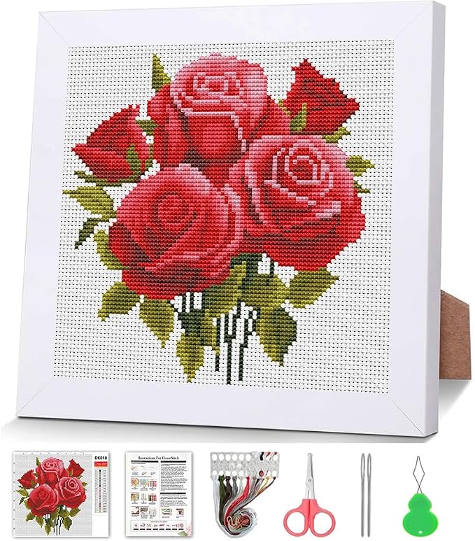 Red Roses Cross Stitch Kits for Beginner, Flowers Stamped Cross Stitch Kits by VIGEGU