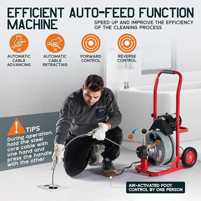 Albott 100 FT x 3/8 inch Electric Drain Cleaner Machine with Auto-Feed & 10 Cutters, Sewer Snake Auger for 1–4 Inch Pipes, Foot Switch & Wheels, Ideal for Home & Commercial Use, Gray/Red