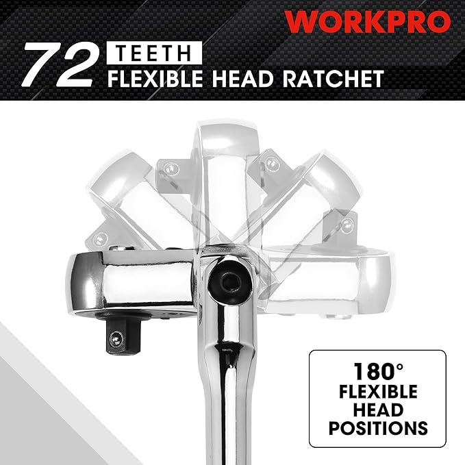 WORKPRO 1/2" Drive Flex Head Ratchet 72-Tooth Ratchet Flex Head with Chromium Plating Quick Release Reversible Design, 5 Degree Swing