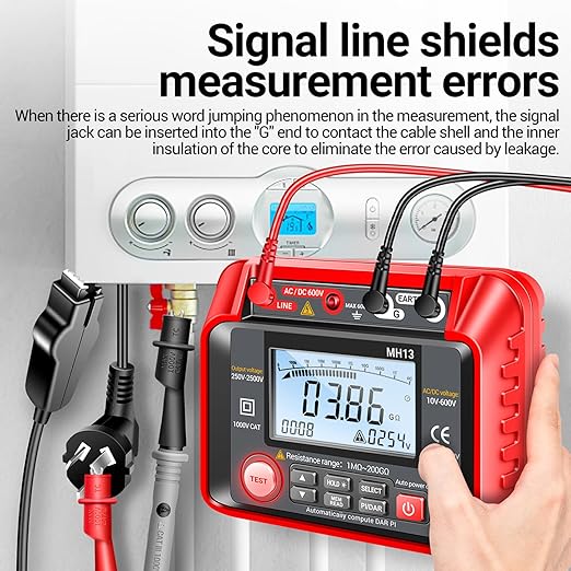 MH13 250V-2500V Digital Insulation Resistance Tester 1MΩ-200GΩ Megger Megohm Testing Meter Auto Range 2000 Counts LCD Display 10V~600V AC/DC Voltmeter with 100 Data Storage