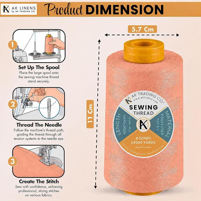 AK TRADING CO. 4-Pack Dark Peach All Purpose Sewing Thread Cones of High - Image 2