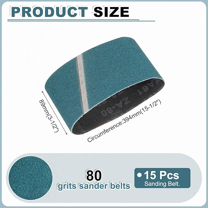 HARFINGTON 3-1/2 x 15-1/2 Inch Sanding Belts, 15 Pcs 80 Grit Zirconia Abrasive Belt Sander File Belt for Woodworking, Metal Polishing, Knife Sharpener