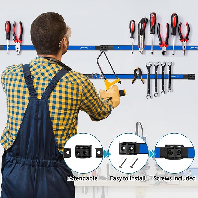 4 Pieces 18" Magnetic Tool Holder Strip, Blue Magnet Bar, Metal Tool Organizer Rack for Garage Organization, Easy To Install in Workshop, Mounting Screws Included