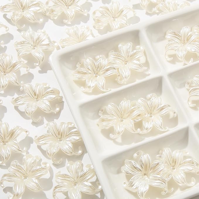40pcs Flower Shape Beads White Pearl Flower Beads Color Lily Beads by CYEENUT