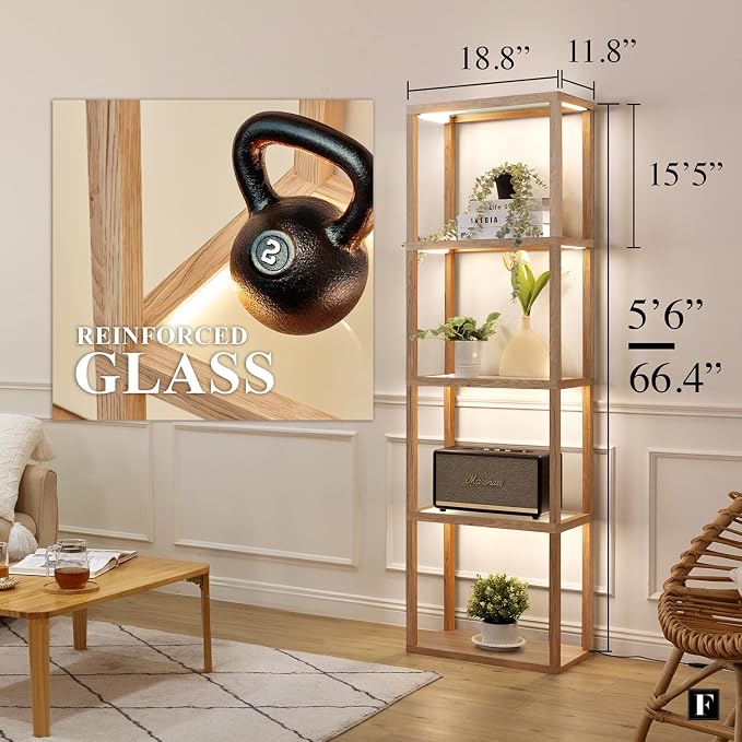 FENLO Fantasy Plus 66" Luxury Glass Display Shelf, Rustic Wood | Dimmable LED - Image 2