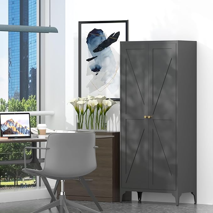 GREATMEET 65" Tall Kitchen Pantry Storage Cabinet, Black Pantry Storage Cabinet, Farmhouse Metal Kitchen Cupboard with Doors for Garage, Dining Room, Living Room and Laundry