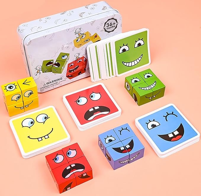 Large Wooden Face Expression Puzzle Building Cubes Manipulatives Face Changing - Image 2