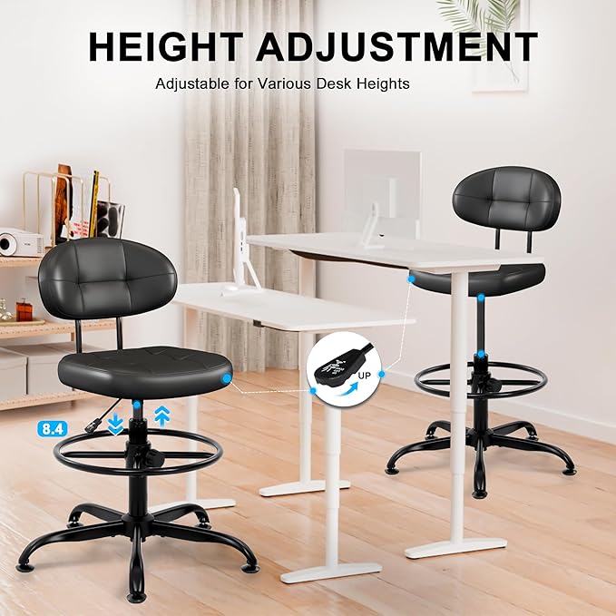 Misolant Armless Drafting Chair, Tall Office Chair no Wheels with Footrest Ring for Standing Desk, Small Faux Leather Executive Vanity Chair with Adjustable Height for Bar Counter Desk Black