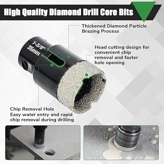 Diamond Tile Hole Saw Kit, 10 PCS Diamond Drill Bit Set, Diameter 6/6/8/19/35/51/65mm for Tile Porcelain Ceramic Marble, with 20mm Finger Bit, 50mm Chamfer Bit and SDS Adapter
