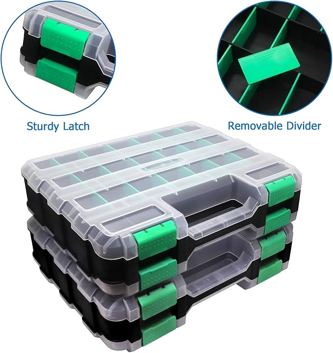 Double Side Tool Box Organizer, Hardware Storage Box, Portable Small Parts Organizer with Removable Plastic Dividers for Screws, Nuts, Nails, Bolts, Green