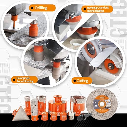 BGTEC Diamond Hole Saw Kit - 12PCS 6/6/8/19/35/50/65mm Drill Bits+20mm Milling Finger Bit+50mm Chamfering Bit+SDS/HEX+115mm Tile Blade for Porcelain Tile Ceramic Granite Marble Stoneware