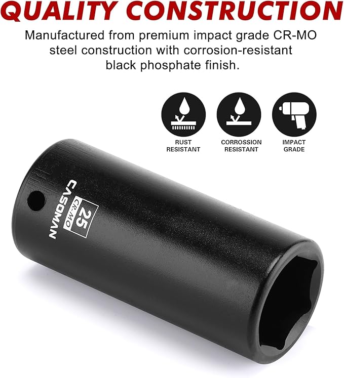 CASOMAN 1/2" Drive x 25mm Deep Impact Socket, 6-Point, Metric, CR-MO