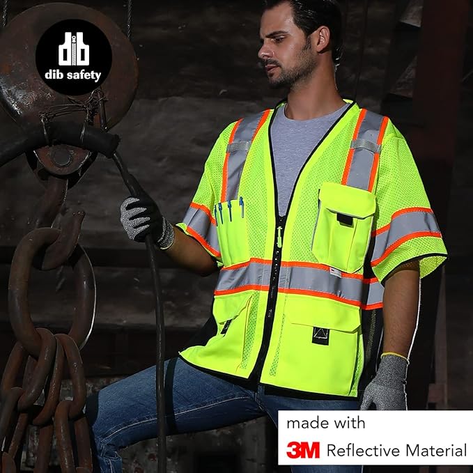 Dib Safety Reflective Mesh Vest ANSI Class 3, High Visibility with Pockets and Zipper, Made with 3M Reflective Tape, Yellow S