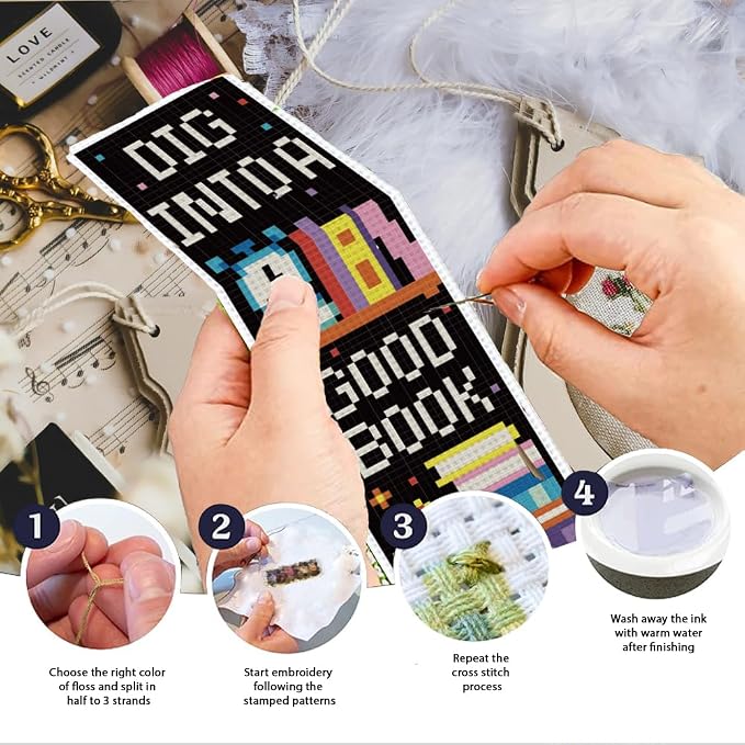 INFUNLY 6PCS Book Theme Cross Stitch Bookmark Kits 8''x2.4'' Study Bookmark - Image 4