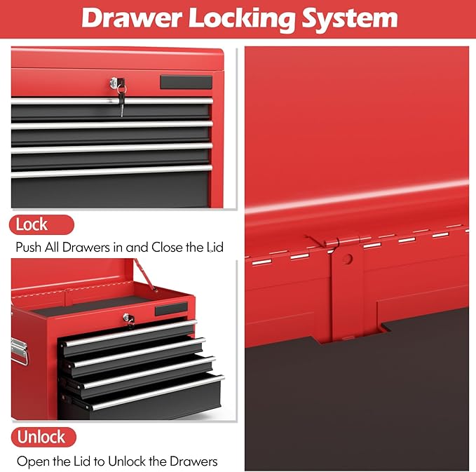 S AFSTAR 6-Drawer Rolling Tool Chest, High Capacity Tool Storage Cabinet with 4 Hooks, Locking System and Universal Wheels, 2-in-1 Detachable Large Toolbox for Garage Workshop (Black & Red)