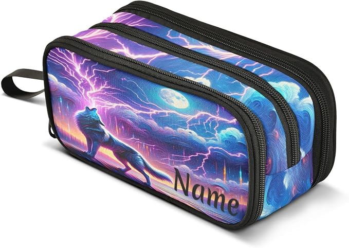 Custom Wolf Howling Moon Lightning Pencil Case Box Boys Girls Personalized Name by BOENLE-WELCOMEYOURCOMING