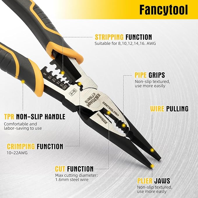 Multi-Function Needle Nose Pliers with Cutting, Stripping, Crimping and Gripping, 9-inch 6-in-1 Cr-V Steel Combination Pliers for Electricians and Homes