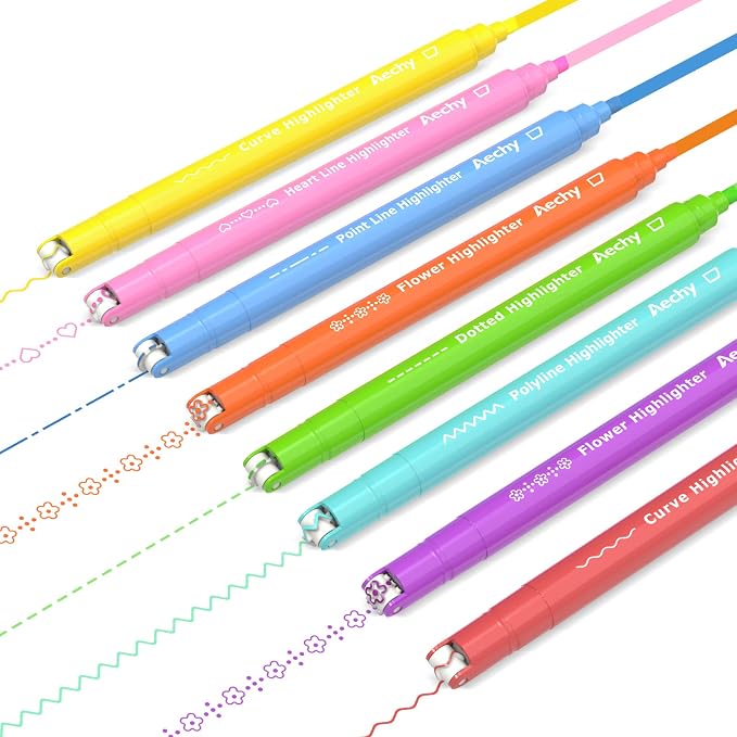 AECHY 8PCS Curve Highlighter Pen Set, Dual Tip Marker Pens by AECHY