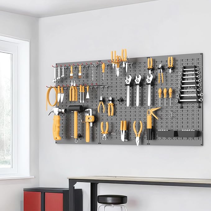 WALMANN Metal Pegboard Wall Tool Organizer Board with Pegboard Hooks, 24x48in Tools Organizer Pegboard for Garage, Workbench, Peg Boards, Tool Organizer Board with Hooks(Black)