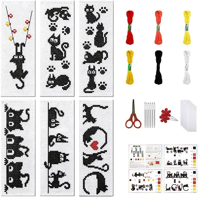 FREEBLOSS 6 Set Cross Stitch Bookmark Kit Stamped Cross Stitch Kit Black Cat by FreeandCreativeCraftsArt